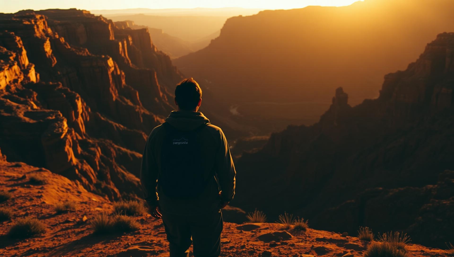 Lone hiker looking out over a desert canyon at golden hour